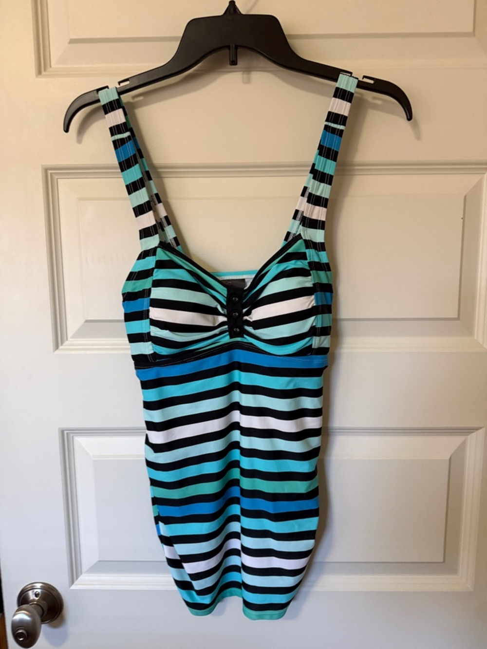 Striped Aqua & Black Kids One-Piece Swimsuit